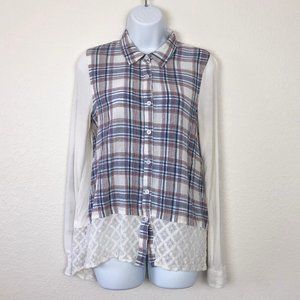 HEM & THREAD Blue Red White Plaid Lace Long Sleeve Top G19